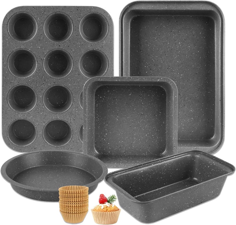 Barlket Baking Pans Set, 5 Piece Grey Marble Nonstick Bakeware with 100 Cupcake Liners – Stackable Carbon Steel Set for Small Kitchens, Apartments, Home Baking and Gifts - Image 1